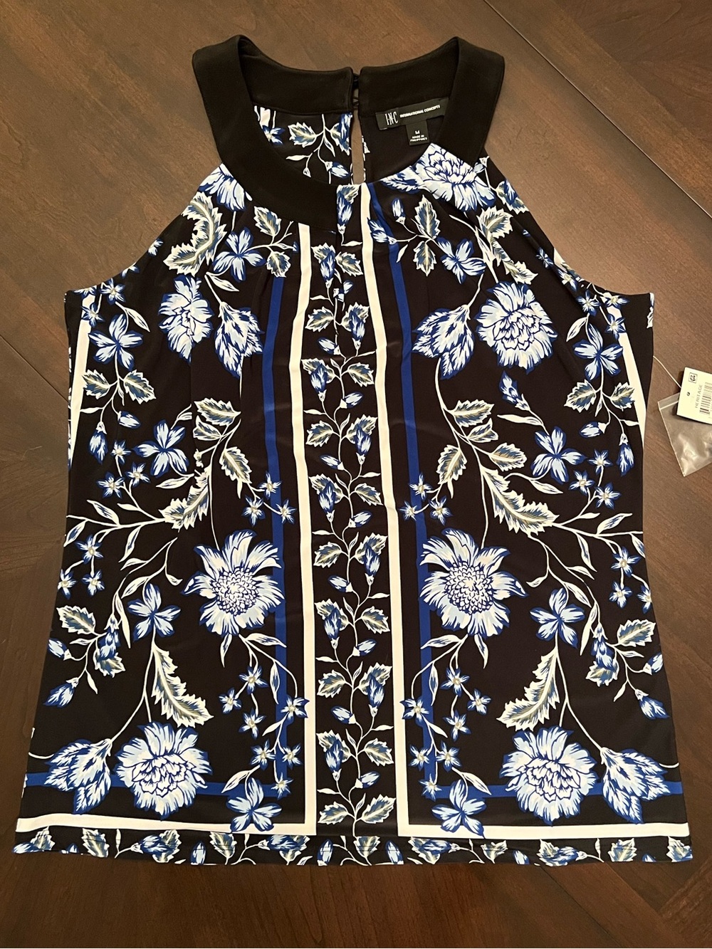 INC International Concepts Black Floral Halter Camisole with Blue & White Print